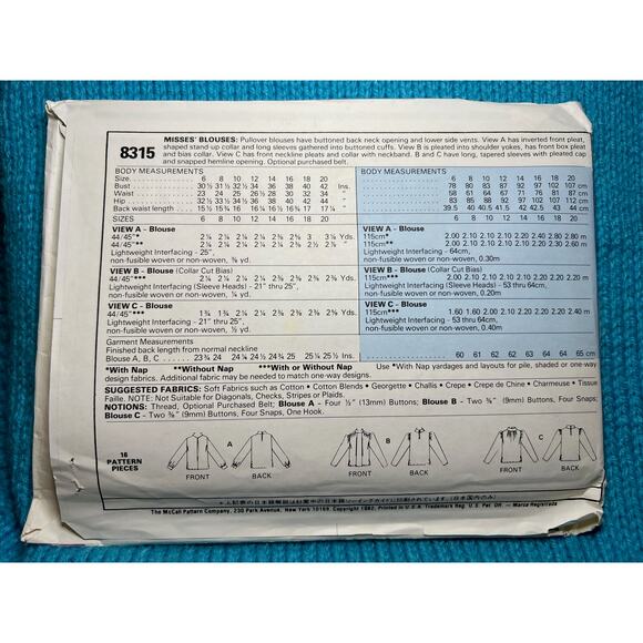 McCalls 8315 Sewing pattern blouse pleat front 1980s size 14 - Picture 3 of 7